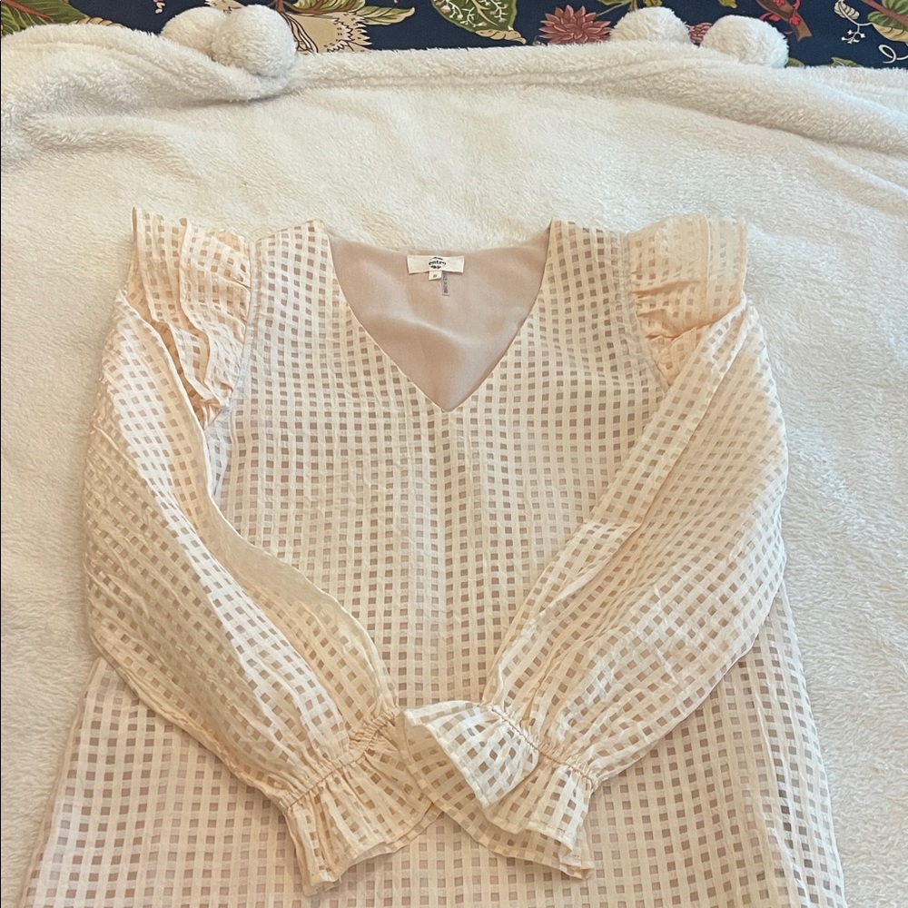 Entro Cream Checkered Blouse with Ruffled Sleeves